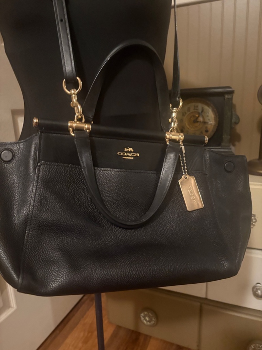 Coach Grace 2Way Shoulder Bag Black Pebbled Leather Tote with Gold Hardware